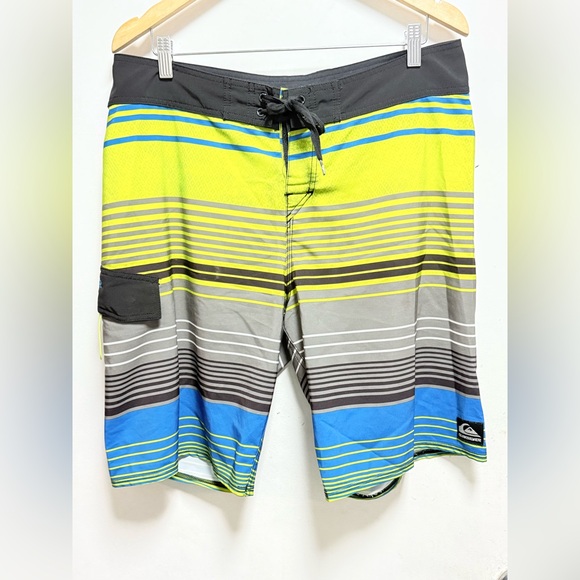 Quiksilver Men's Vibrant Striped Board Shorts - Lime, Blue, Charcoal - Picture 1 of 8